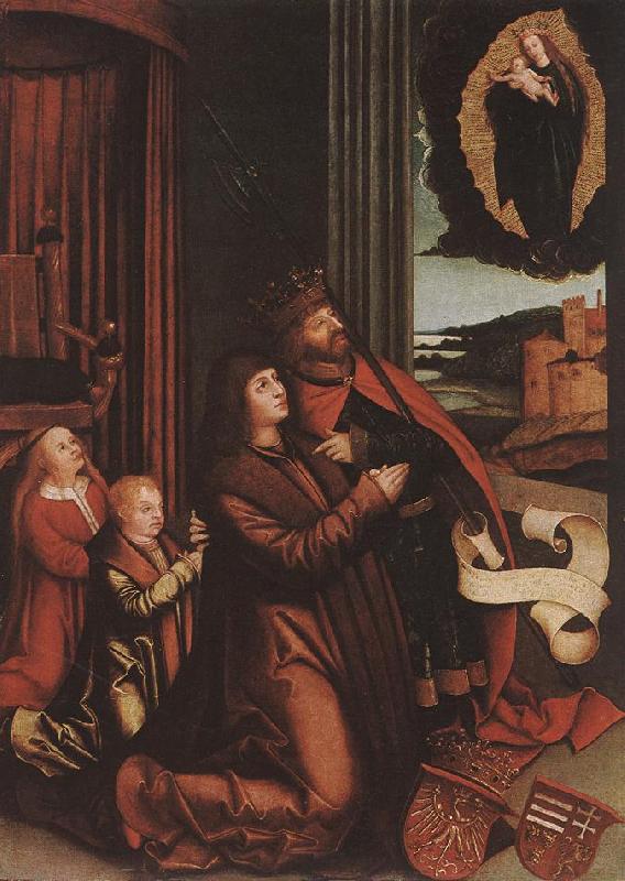 STRIGEL, Bernhard St Ladislas Presents Wladislav II and his Sons to the Virgin r oil painting image